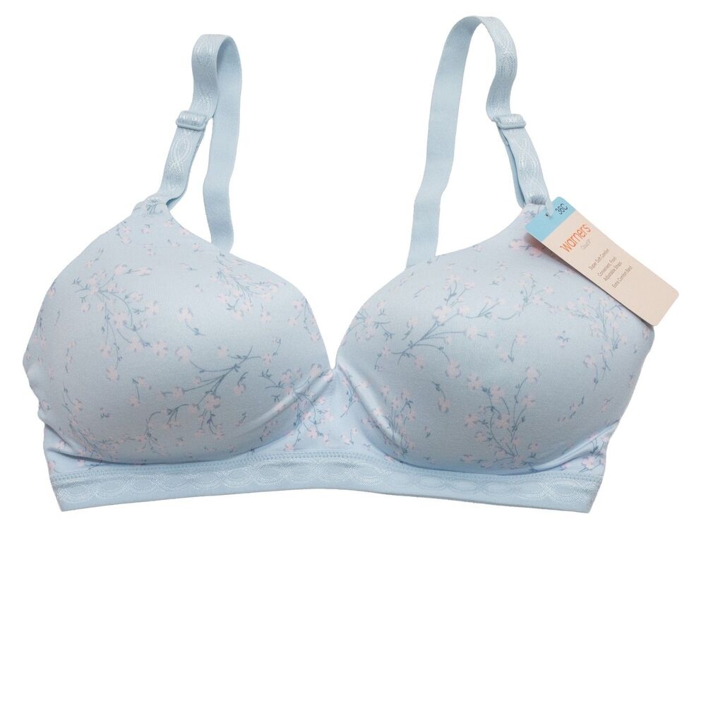 Warners Cloud 9 36C Wireless Bra Blue Floral Super Soft Comfort Front Adjust